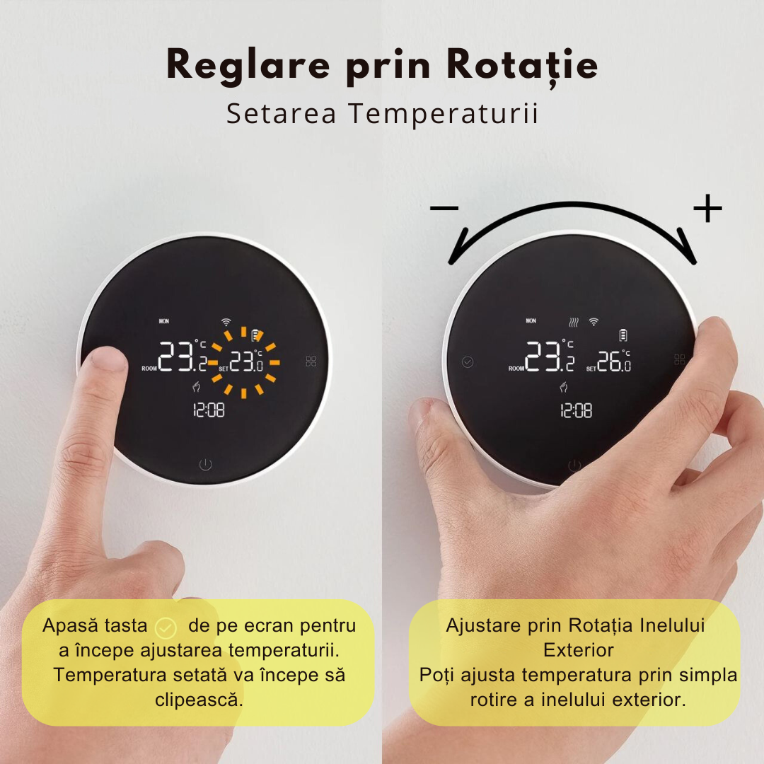 Termostat de Ambient Smart Lemaro®, WIFI si RF Wireless, Touchscreen, Control Vocal si de la Distanta via Telefon/Internet, Compatibil cu Tuya/Google Home,1 x HigroTermometru Inclus