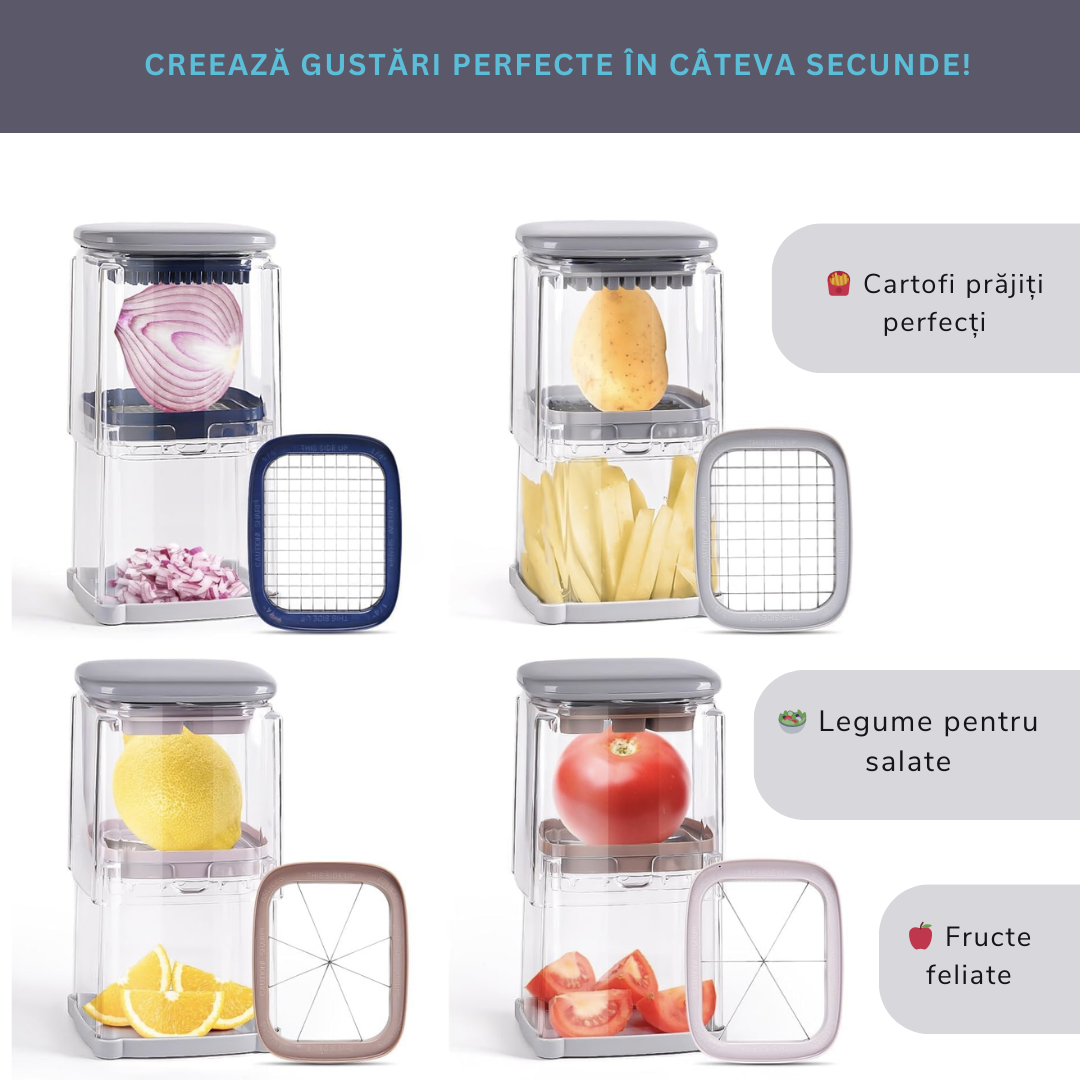 Aparat Manual de Taiat cartofii Premium, Lemaro® 4 in 1, pentru Legume si Fructe, Cartofi Pai, 4 x Lame, Gri