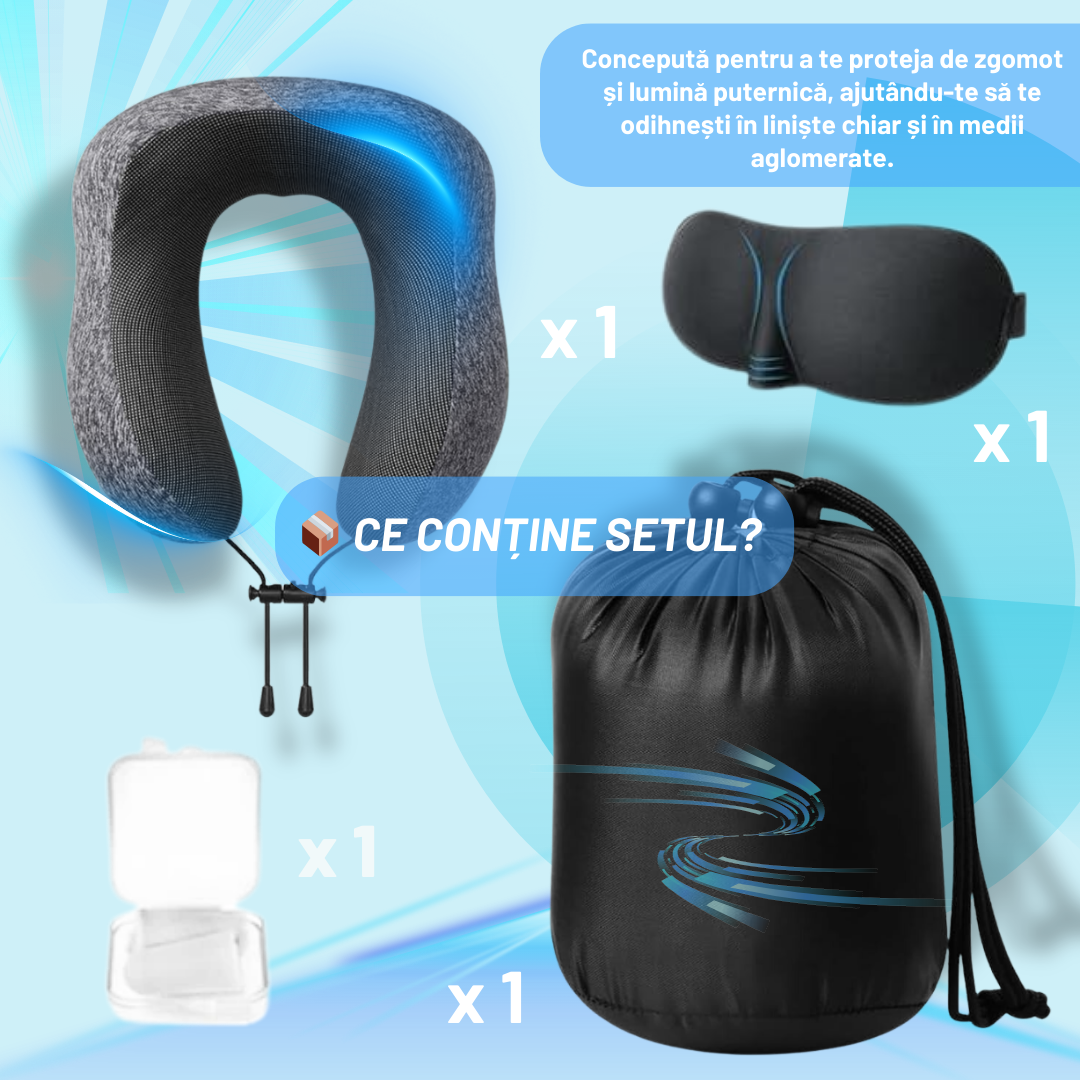 Perna Calatorie din Spuma cu Memorie, Masca de Dormit si Dopuri de Urechi Incluse, Gri