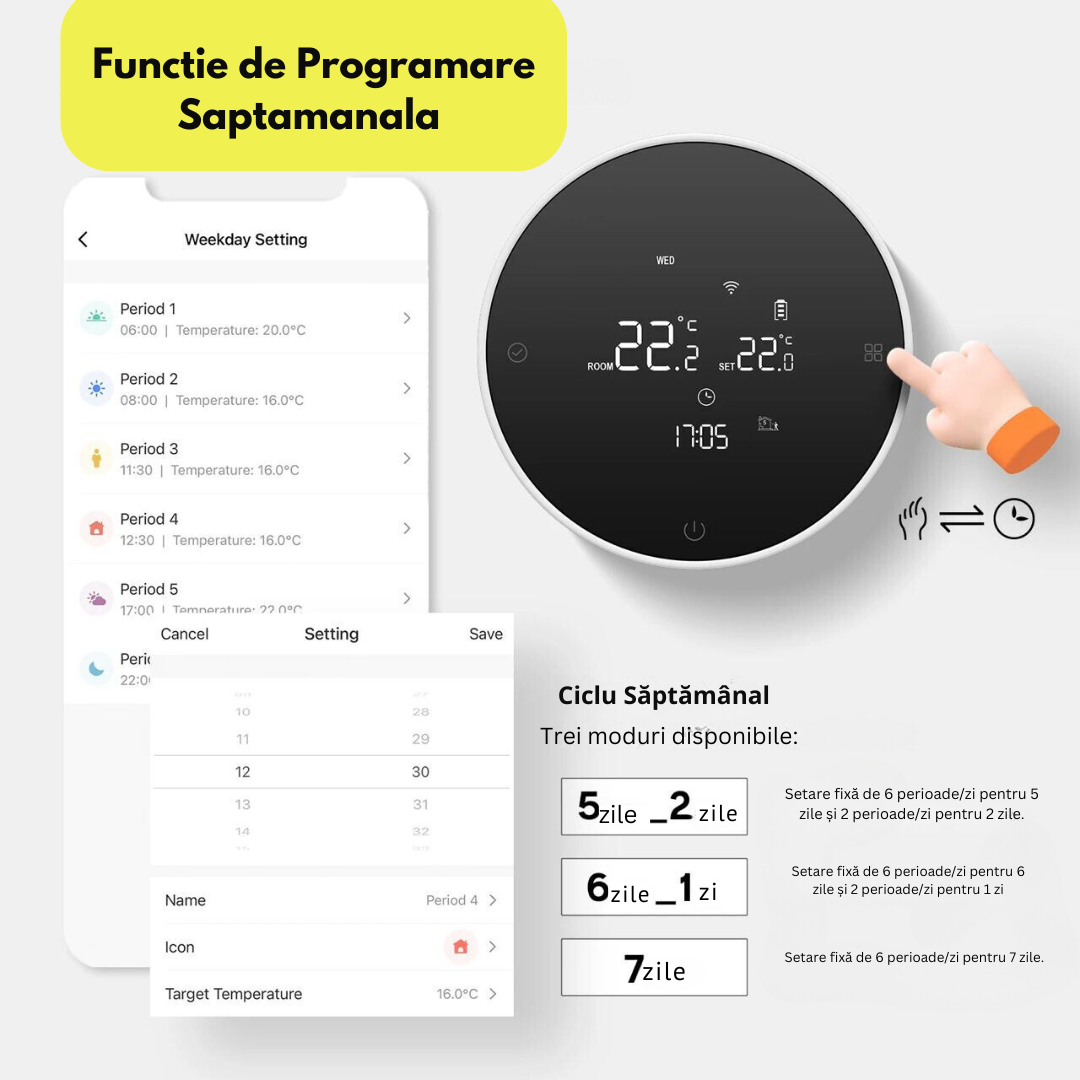Termostat de Ambient Smart Lemaro®, WIFI si RF Wireless, Touchscreen, Control Vocal si de la Distanta via Telefon/Internet, Compatibil cu Tuya/Google Home,1 x HigroTermometru Inclus