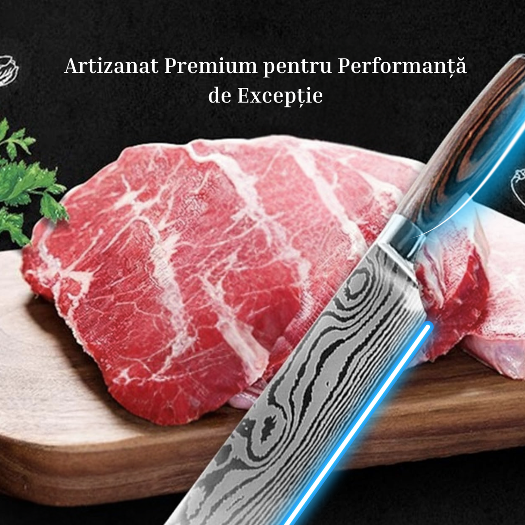 Set Cutite Profesionale de Bucatarie Japoneze Lemaro®, HRC 60, Calire Laser, 7 Cutite, Maner din Lemn, Calitate Premium