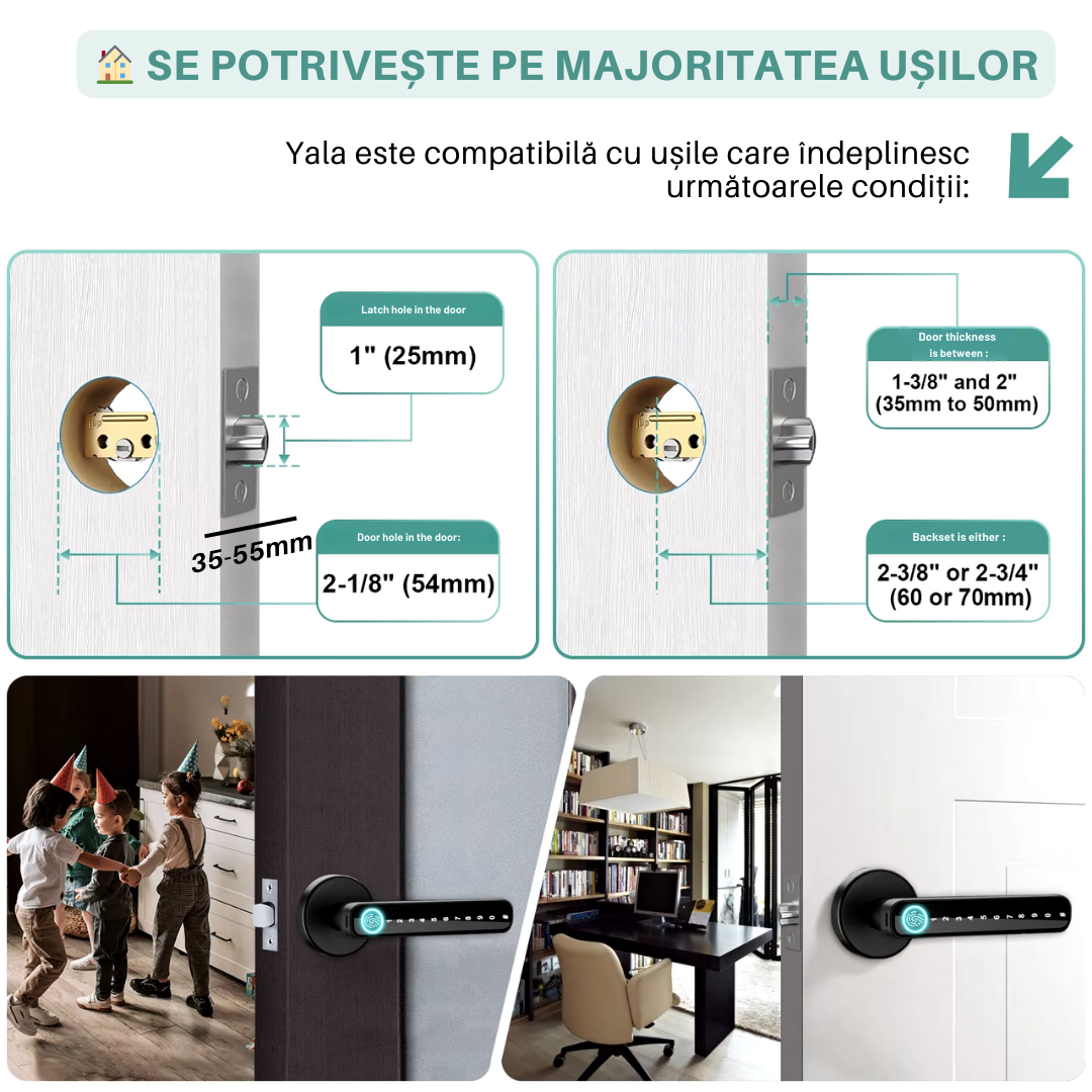 Yala Incuietoare Inteligenta Lemaro®, Acces prin Aplicatia Tuya, Inchidere digitala a usii, Amprenta, Cartela, Parole Temporare si Permanente, Cheie, Negru