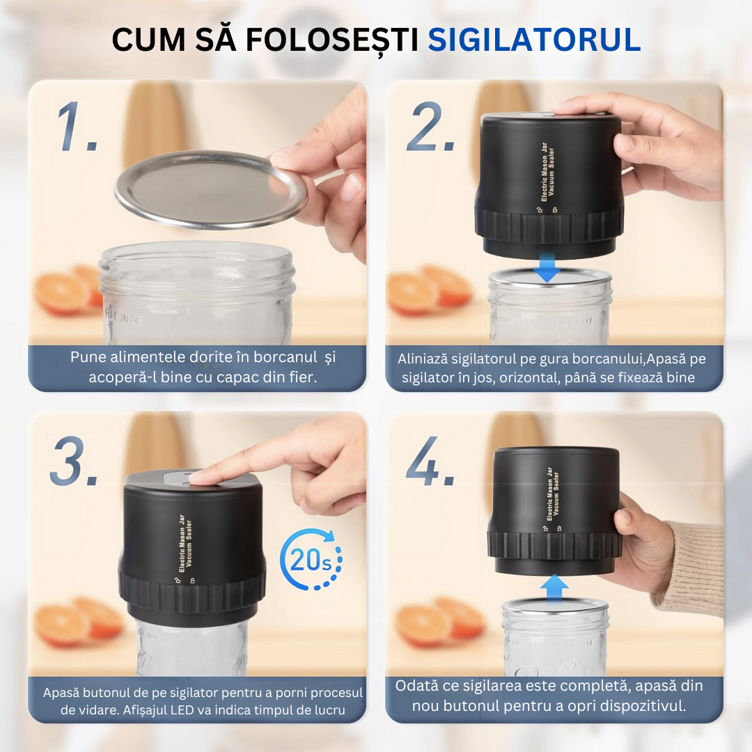 Aparat de Vidat si Sigilat Borcane, Recipiente cu Capac, Profesional Lemaro®, Capete Ajustabile, Diferite Dimensiuni, Afisaj LED Digital, Incarcare USB C, Portabil, Negru