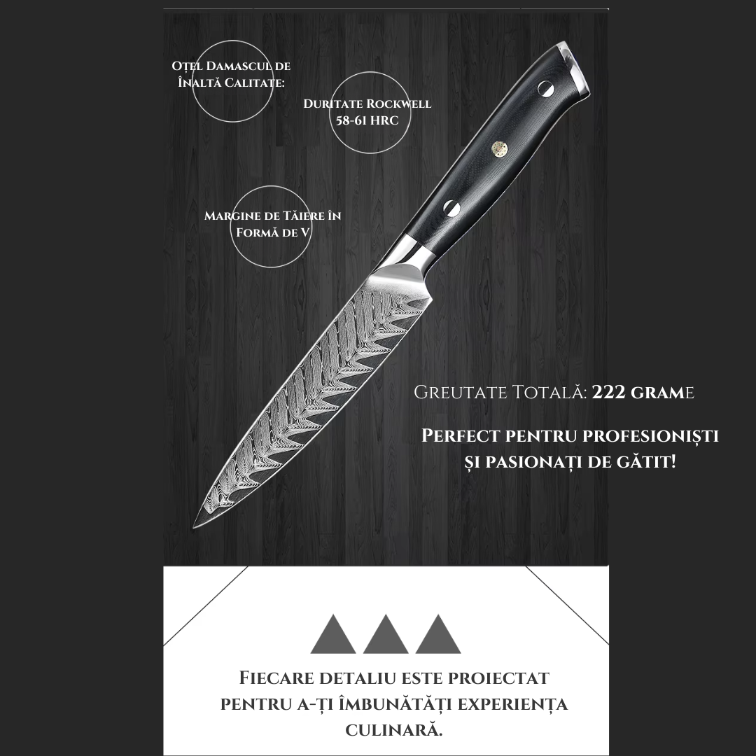 Cutit de Bucatarie Profesional Lemaro®, din Otel cu Continut Ridicat de Carbon, Maner Ergonomic din Lemn Pakka, Lama cu Design Deosibit