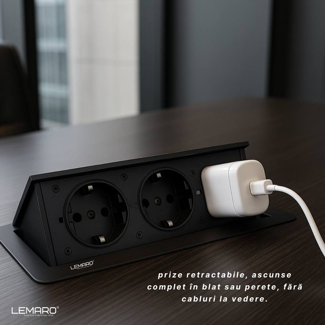 Priza Incorporabila in Blat Bucatarie, Masa sau Birou Lemaro®, 3 Prize Schuko, Incastrabila, Negru