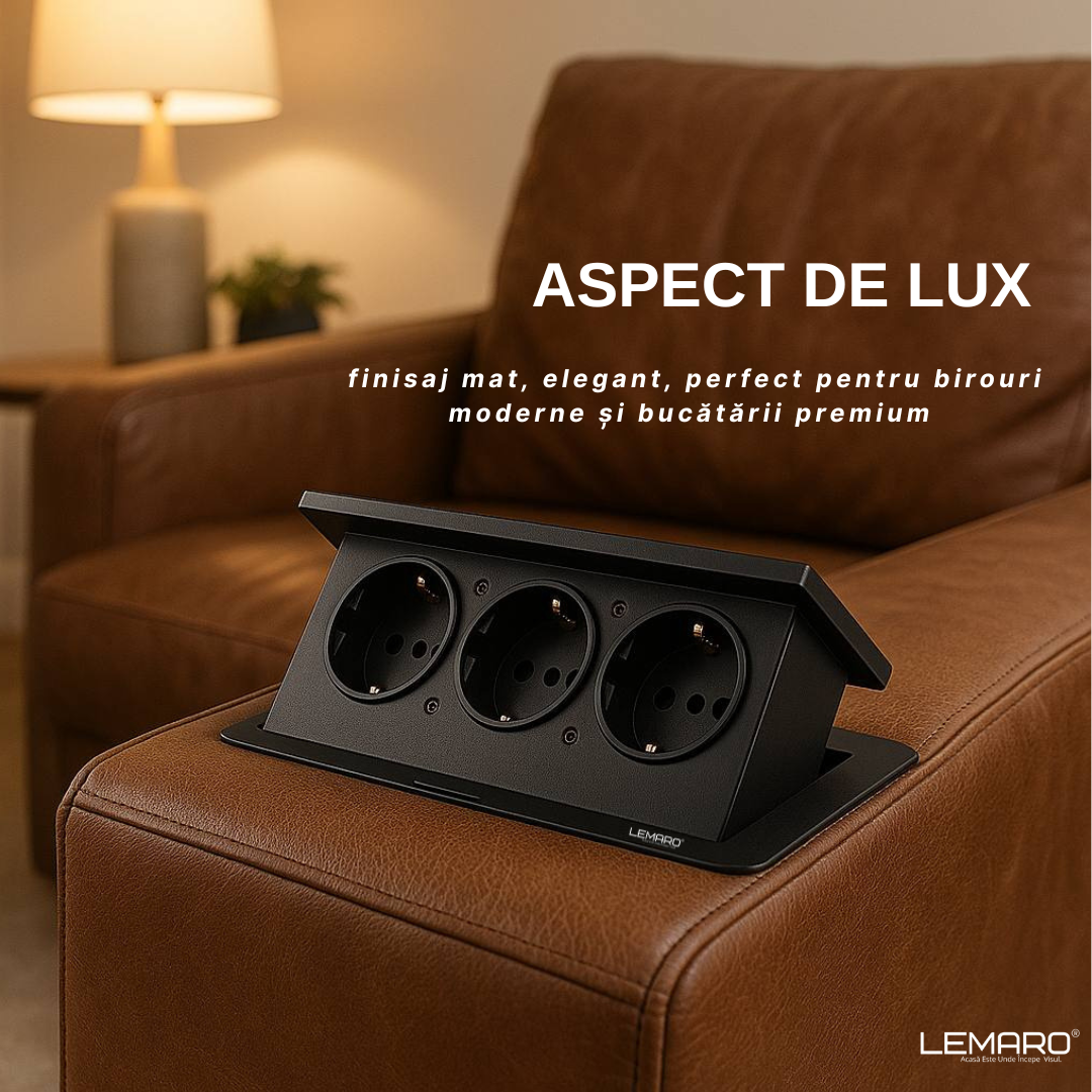 Priza Incorporabila in Blat Bucatarie, Masa sau Birou Lemaro®, 3 Prize Schuko, Incastrabila, Negru