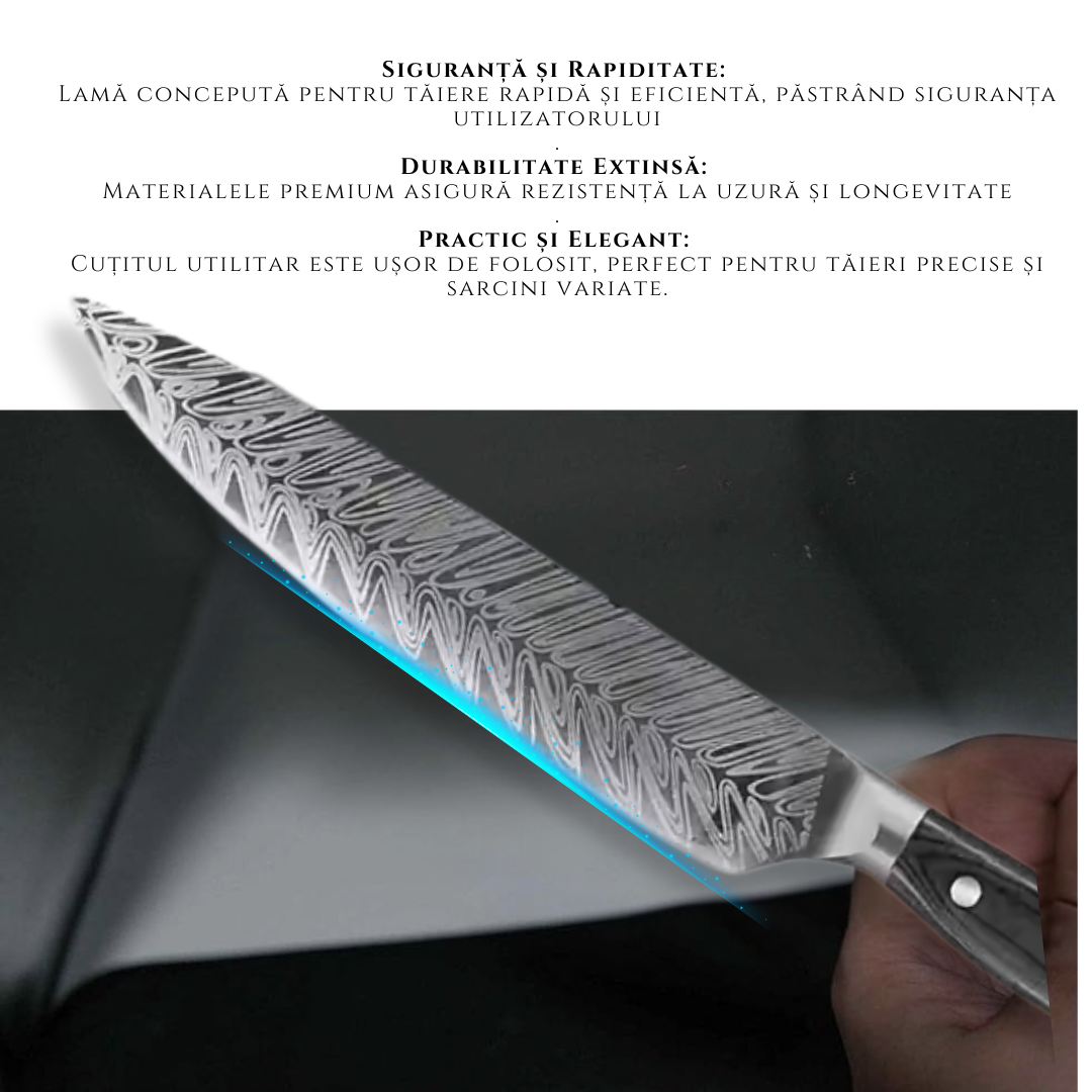 Cutit de Bucatarie Profesional Lemaro®, din Otel cu Continut Ridicat de Carbon, Maner Ergonomic din Lemn Pakka, Lama cu Design Deosibit