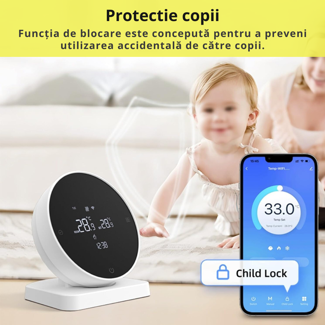Termostat de Ambient Smart Lemaro®, WIFI si RF Wireless, Touchscreen, Control Vocal si de la Distanta via Telefon/Internet, Compatibil cu Tuya/Google Home,1 x HigroTermometru Inclus