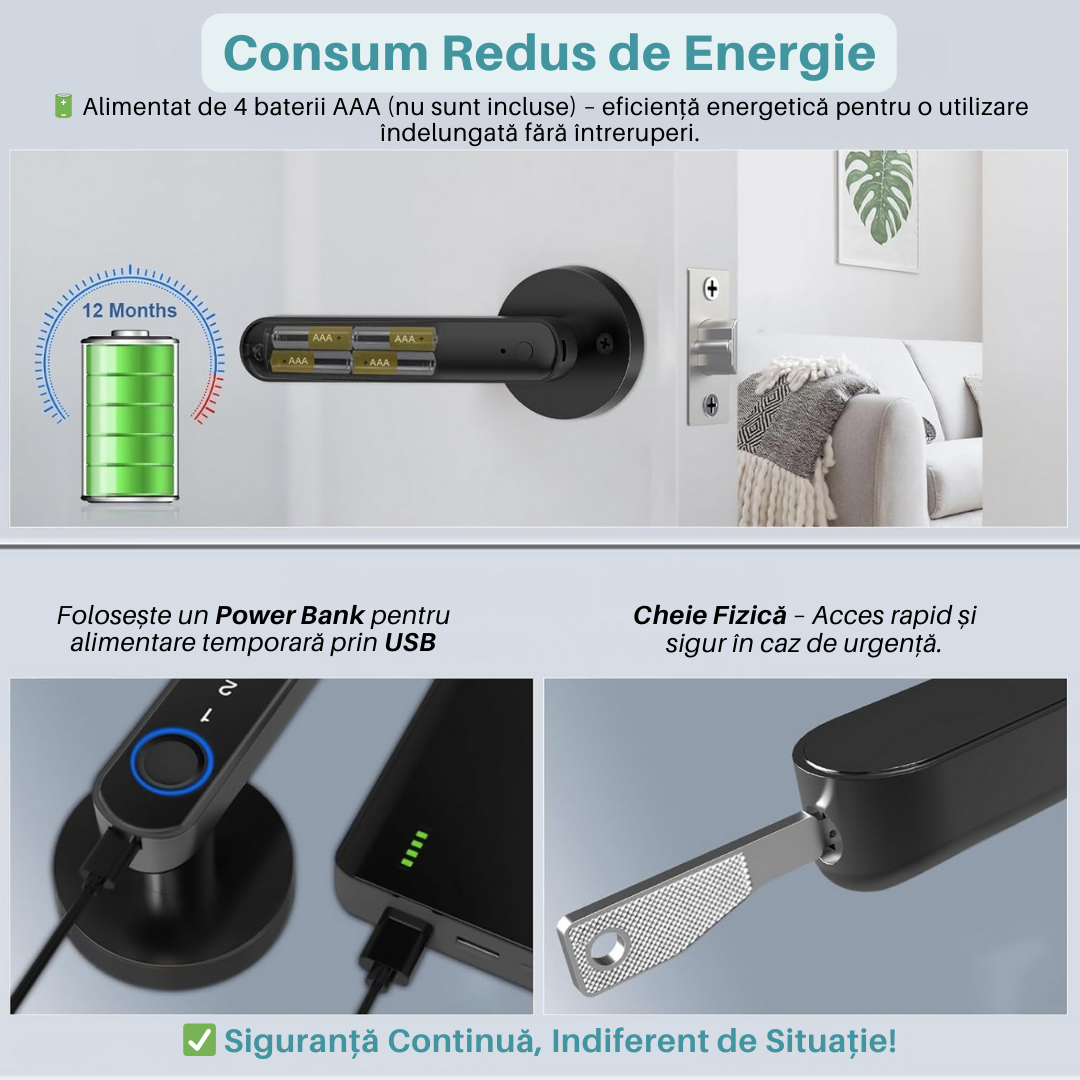 Yala Incuietoare Inteligenta Lemaro®, Acces prin Aplicatia Tuya, Inchidere digitala a usii, Amprenta, Cartela, Parole Temporare si Permanente, Cheie, Negru