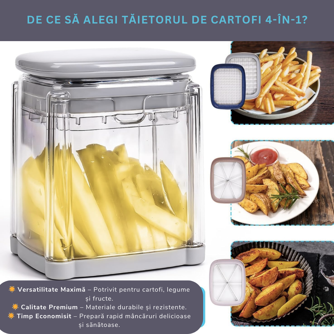 Aparat Manual de Taiat cartofii Premium, Lemaro® 4 in 1, pentru Legume si Fructe, Cartofi Pai, 4 x Lame, Gri