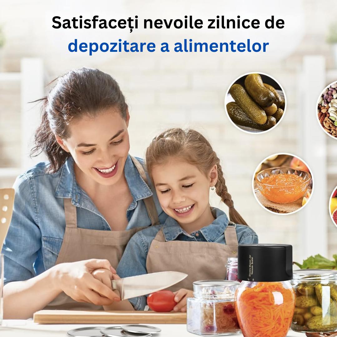 Aparat de Vidat si Sigilat Borcane, Recipiente cu Capac, Profesional Lemaro®, Capete Ajustabile, Diferite Dimensiuni, Afisaj LED Digital, Incarcare USB C, Portabil, Negru