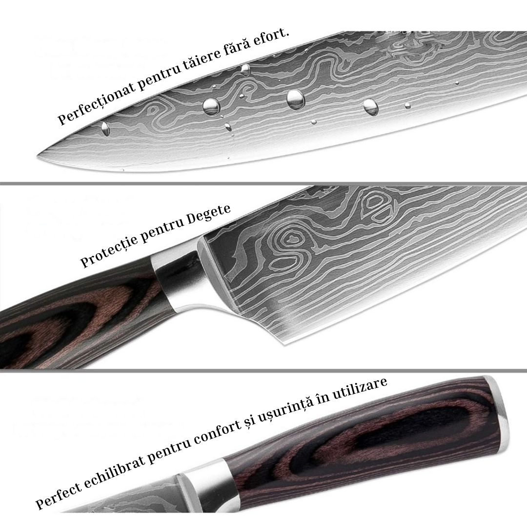 Set Cutite Profesionale de Bucatarie Japoneze Lemaro®, HRC 60, Calire Laser, 7 Cutite, Maner din Lemn, Calitate Premium