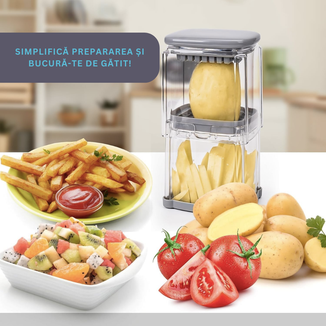 Aparat Manual de Taiat cartofii Premium, Lemaro® 4 in 1, pentru Legume si Fructe, Cartofi Pai, 4 x Lame, Gri