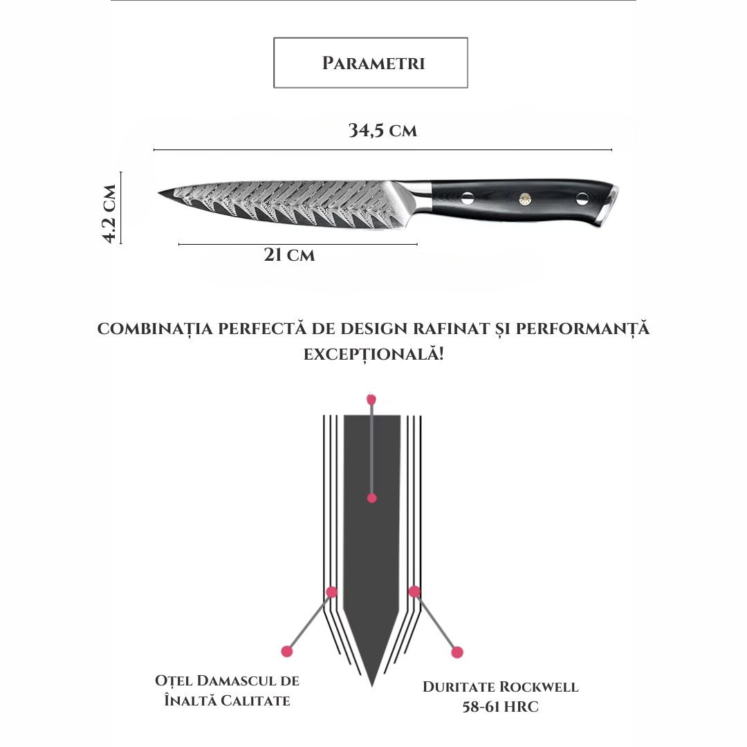 Cutit de Bucatarie Profesional Lemaro®, din Otel cu Continut Ridicat de Carbon, Maner Ergonomic din Lemn Pakka, Lama cu Design Deosibit