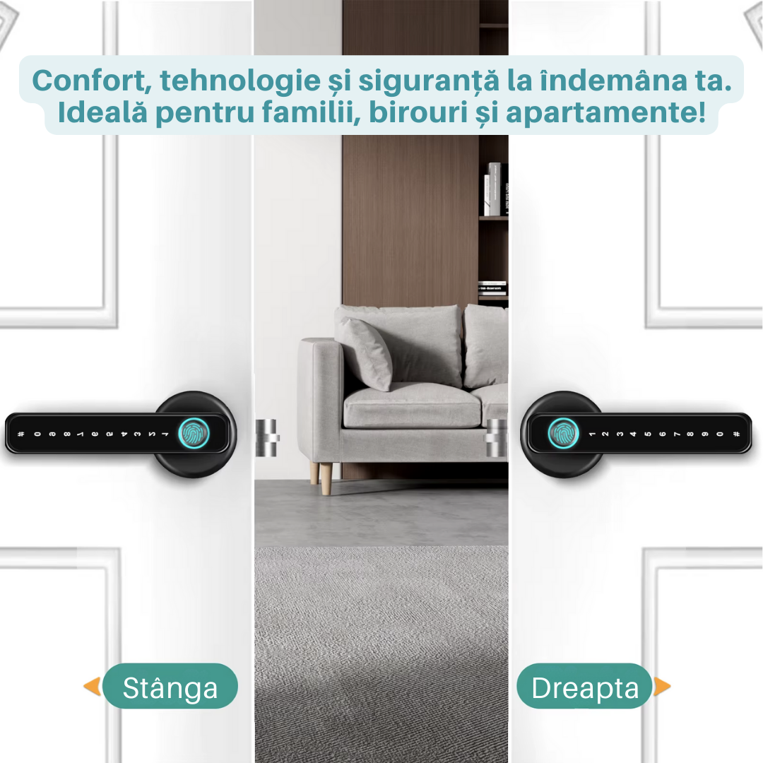 Yala Incuietoare Inteligenta Lemaro®, Acces prin Aplicatia Tuya, Inchidere digitala a usii, Amprenta, Cartela, Parole Temporare si Permanente, Cheie, Negru