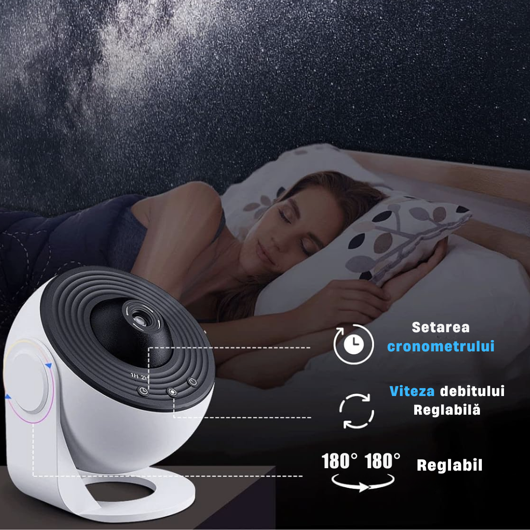 Lampa de Veghe tip Proiector Stele Lemaro®, Stele si Galaxii pentru Camera, 12 Discuri de Proiectie cu Sistemul Solar, Luna si Galaxii, Rotativ 360°, Alb