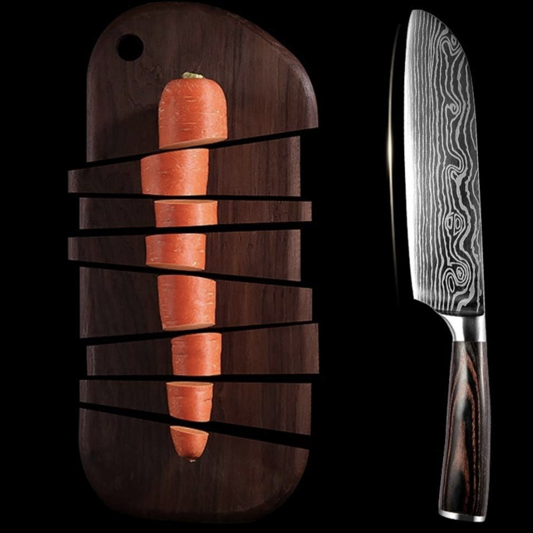 Set Cutite Profesionale de Bucatarie Japoneze Lemaro®, HRC 60, Calire Laser, 7 Cutite, Maner din Lemn, Calitate Premium