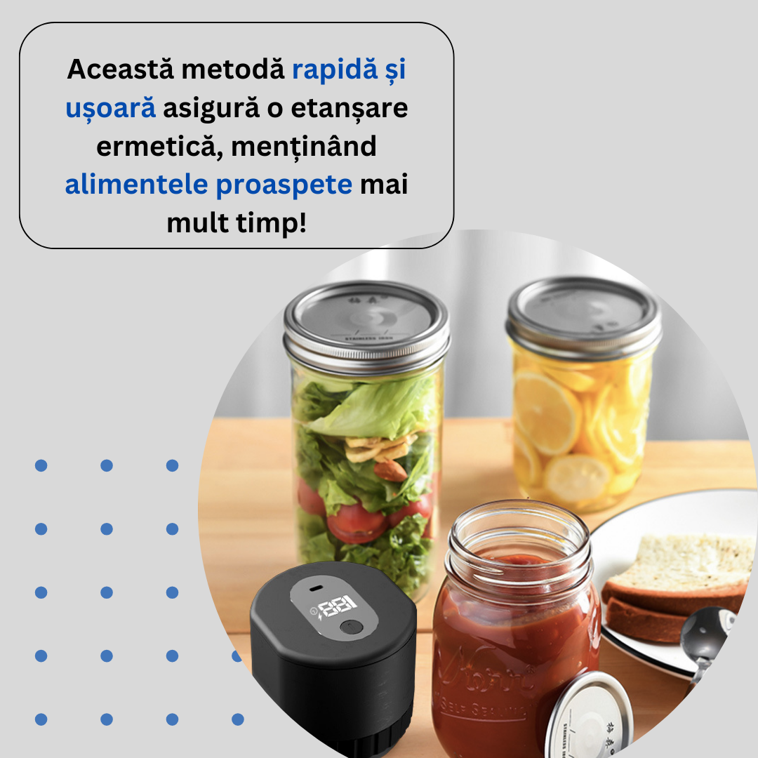 Aparat de Vidat si Sigilat Borcane, Recipiente cu Capac, Profesional Lemaro®, Capete Ajustabile, Diferite Dimensiuni, Afisaj LED Digital, Incarcare USB C, Portabil, Negru