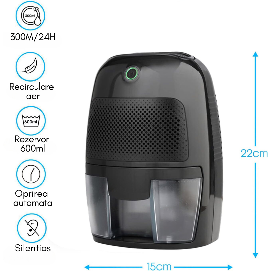 Dezumidificator pentru Casa, Portabil, Rezervor 0,6L, Silentios, Absorbant Umiditate, Negru