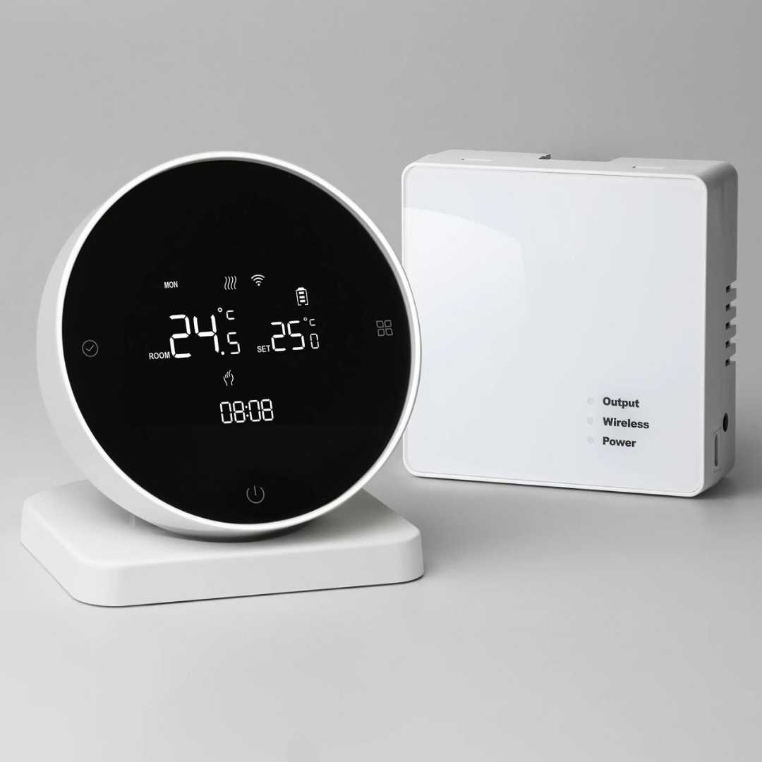 Termostat de Ambient Smart Lemaro®, WIFI si RF Wireless, Touchscreen, Control Vocal si de la Distanta via Telefon/Internet, Compatibil cu Tuya/Google Home,1 x HigroTermometru Inclus