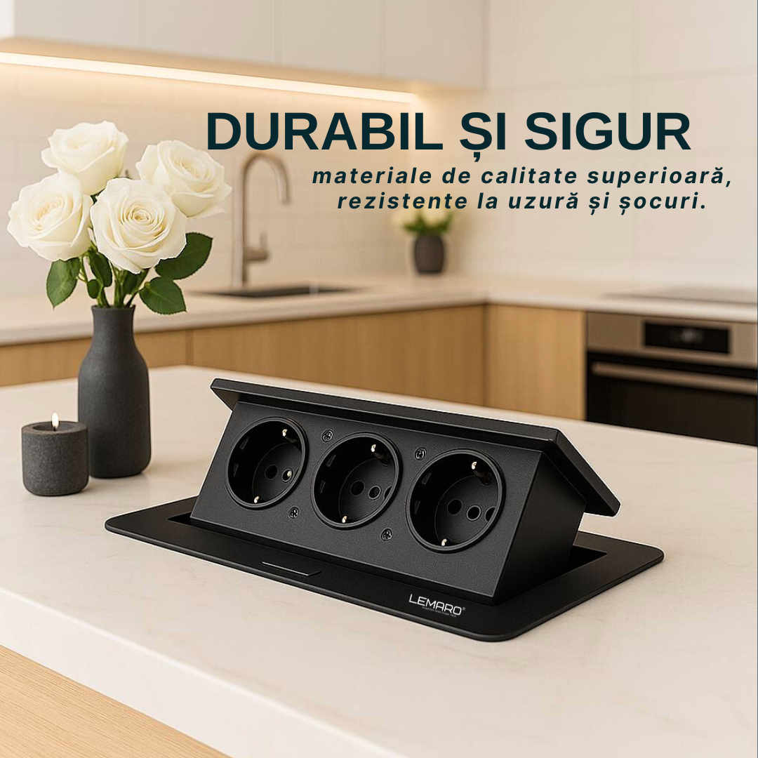 Priza Incorporabila in Blat Bucatarie, Masa sau Birou Lemaro®, 3 Prize Schuko, Incastrabila, Negru