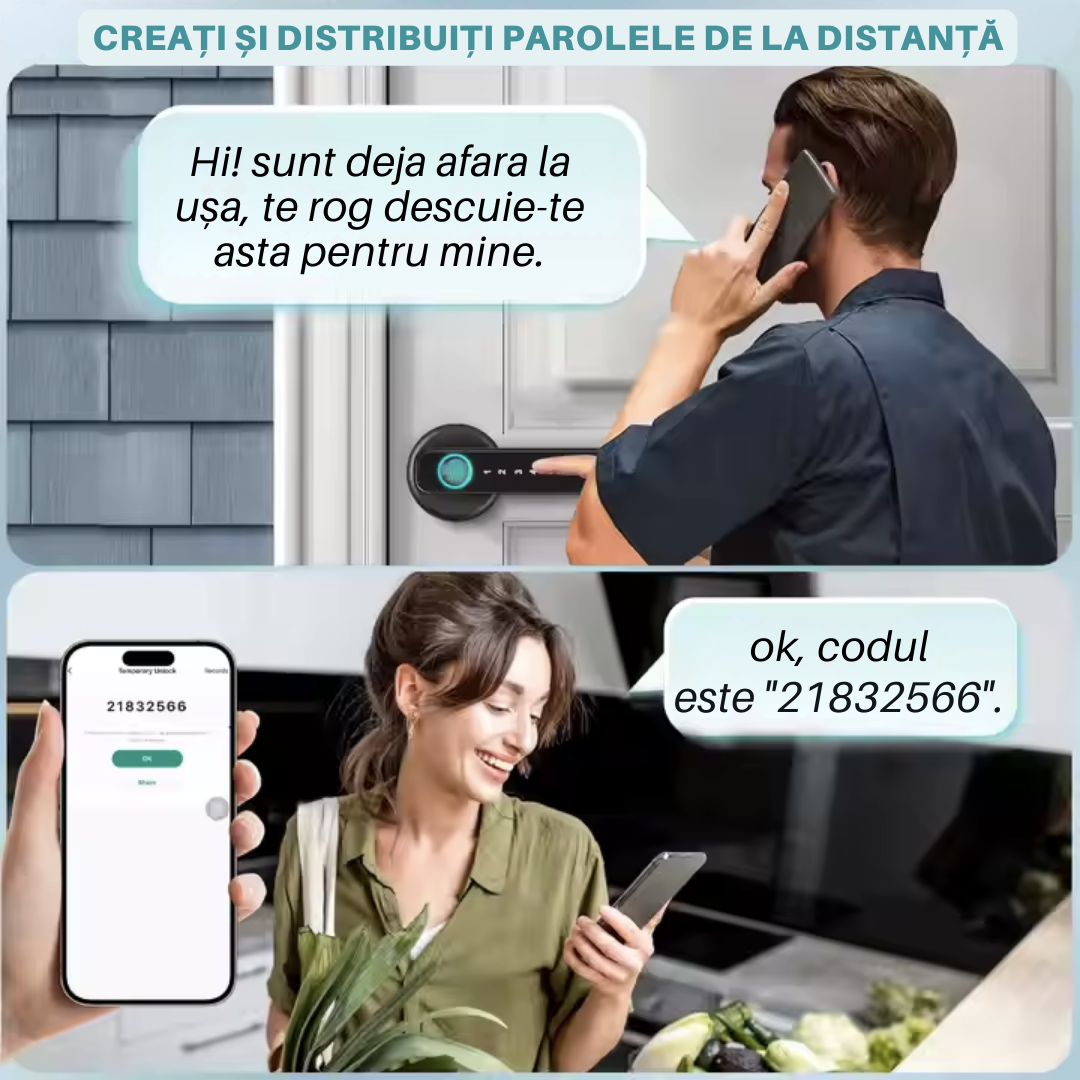 Yala Incuietoare Inteligenta Lemaro®, Acces prin Aplicatia Tuya, Inchidere digitala a usii, Amprenta, Cartela, Parole Temporare si Permanente, Cheie, Negru