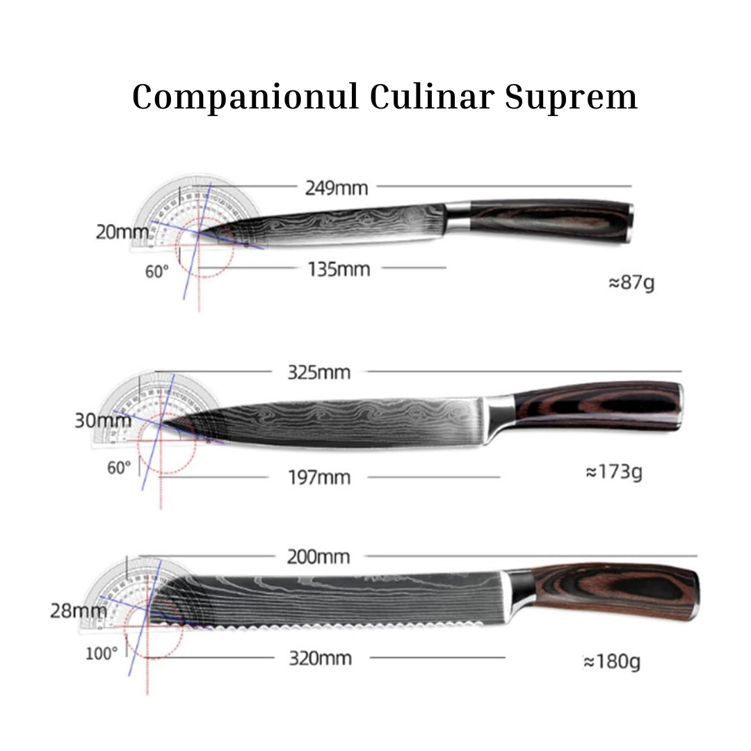Set Cutite Profesionale de Bucatarie Japoneze Lemaro®, HRC 60, Calire Laser, 7 Cutite, Maner din Lemn, Calitate Premium
