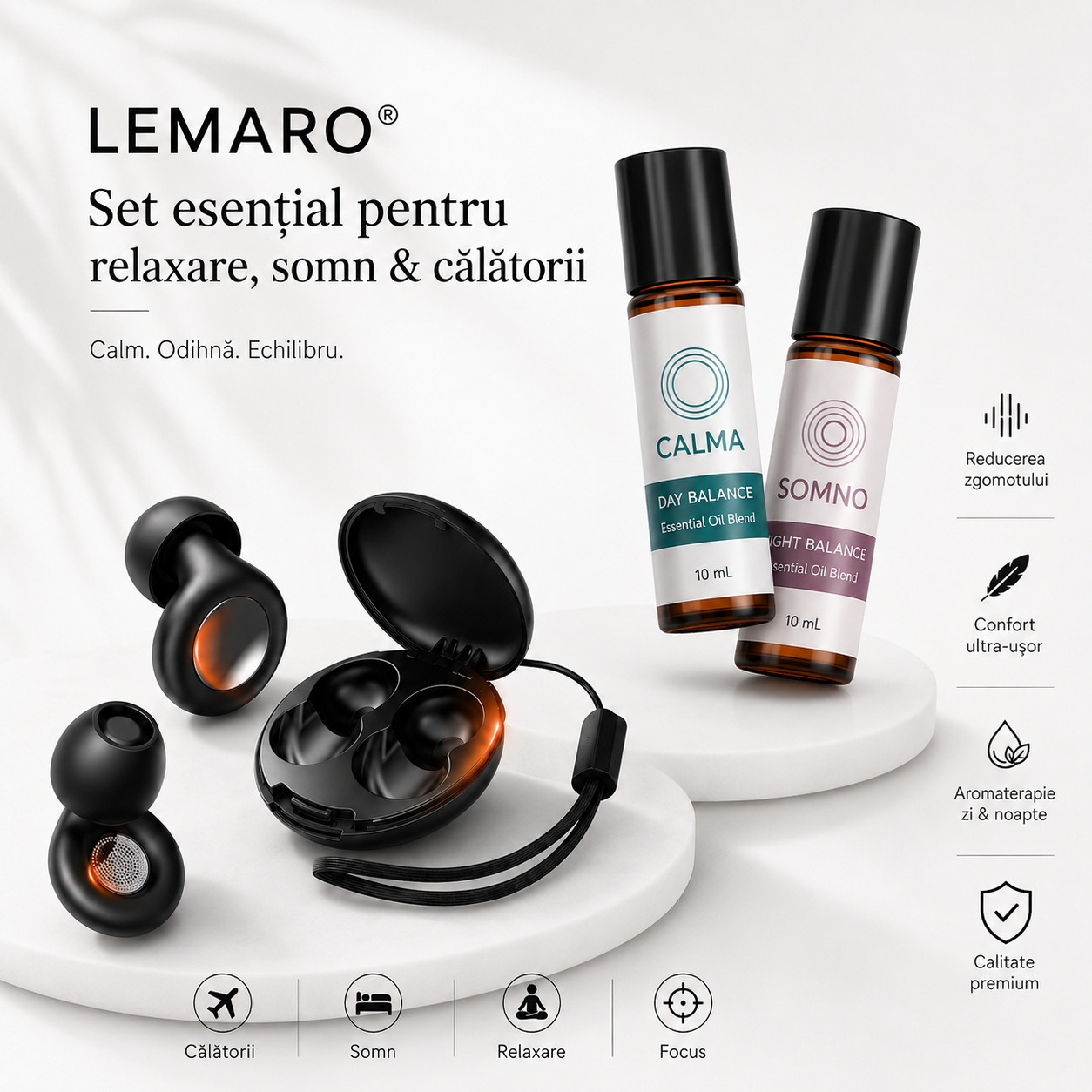 Dopuri de Urechi Profesionale 45dB + 2 Roll-On cu Uleiuri Esențiale – Set Esențial pentru Somn și Relaxare