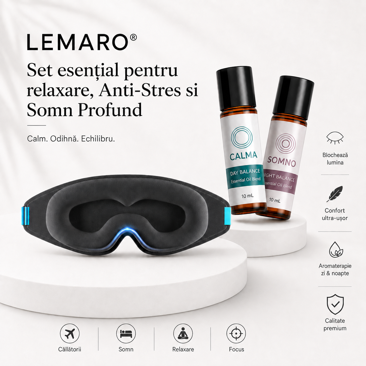 Set 2 Roll-On Ulei Esențial Anti-Stres, Anxietate și Somn Profund + Mască de somn 3D – 100% blocare a luminii