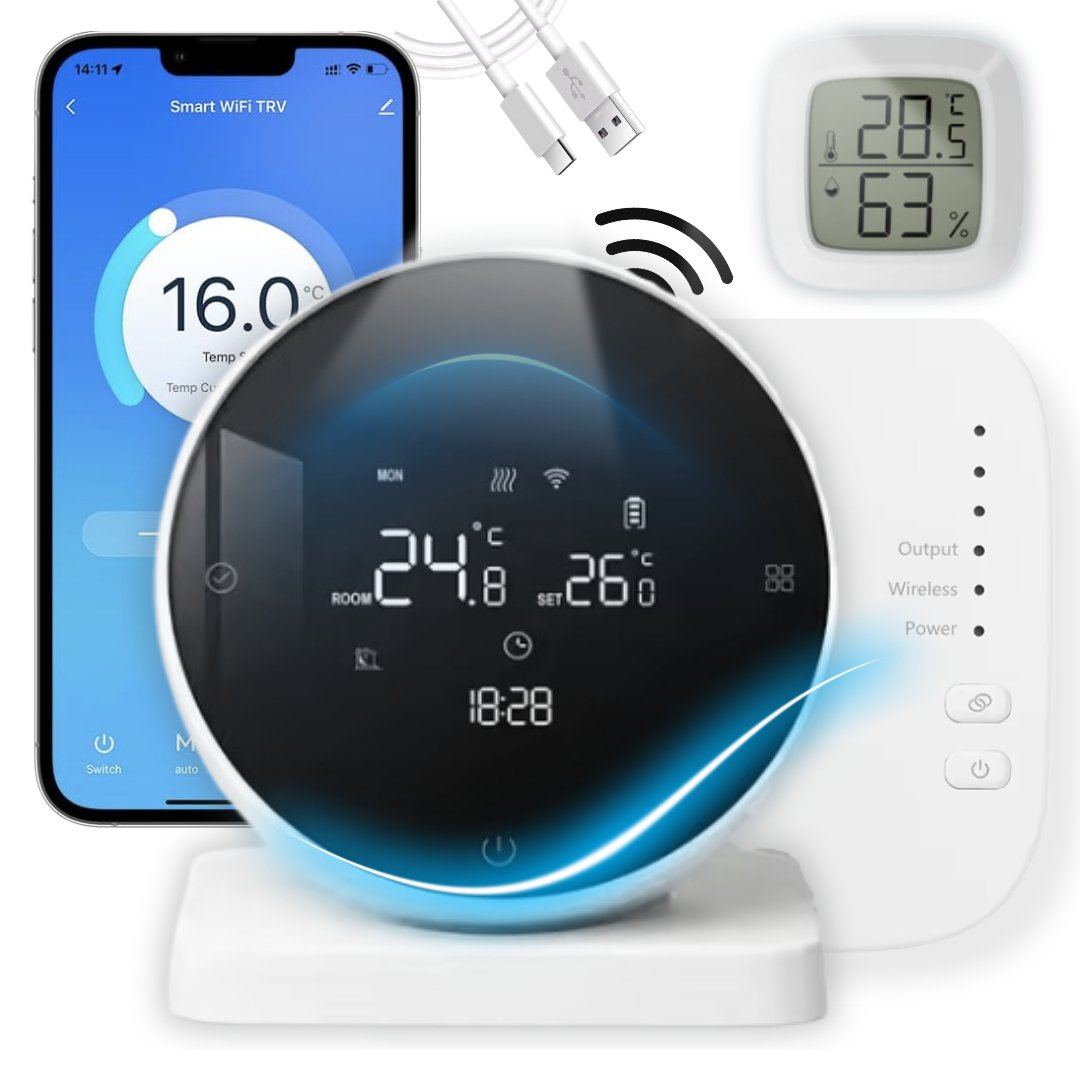 Termostat de Ambient Smart Lemaro®, WIFI si RF Wireless, Touchscreen, Control Vocal si de la Distanta via Telefon/Internet, Compatibil cu Tuya/Google Home,1 x HigroTermometru Inclus