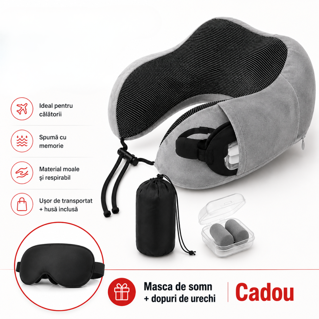 Perna de calatorie 3D + Masca de Somn si Dopuri de urechi Cadou