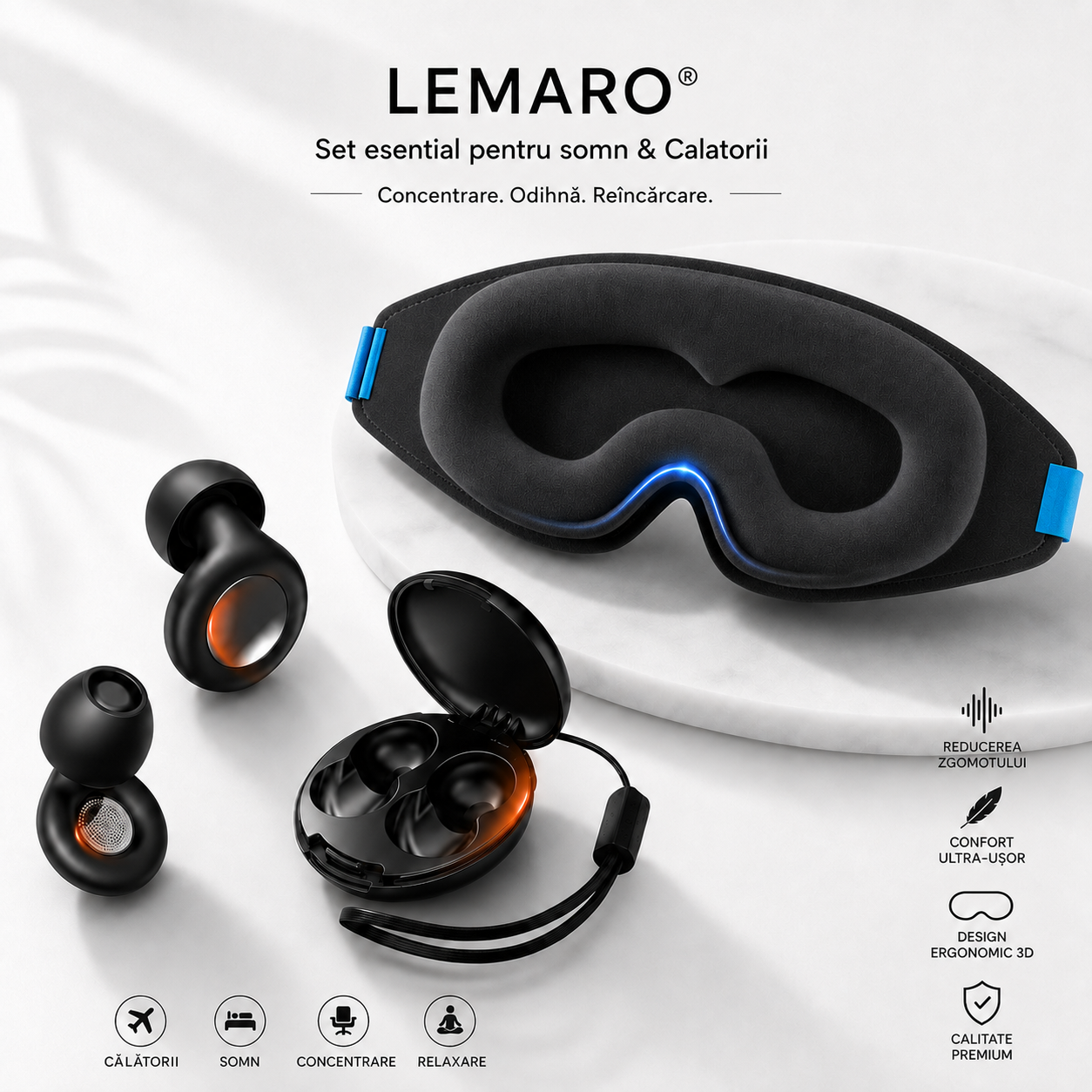 Dopuri de Urechi Profesionale 45dB + Masca de Dormit 3D, Set Essential pentru Somn & Calatorii